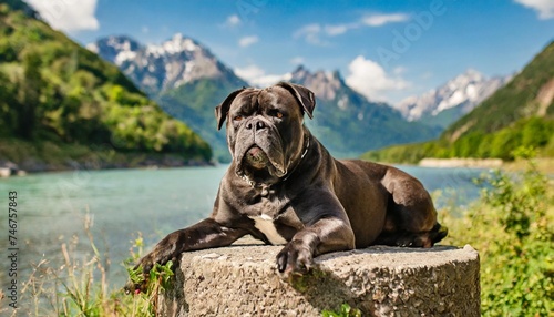 a huge italian cane corso lies resting on a stone post on the background of the river and mountains beautiful picture of a dog in nature