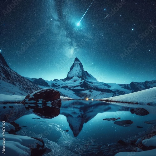 A captivating night scene featuring a starry sky with a shooting star above the snow-covered Matterhorn, reflecting in the Sellisee lake in Valais, Switzerland, Europe.