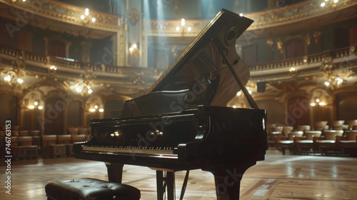 Classic grand piano on an opulent concert stage - A classical black grand piano poised for a performance on a magnificent concert stage with vintage flair