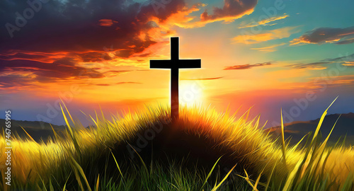 Attractive black cross religion symbol silhouette in grass over sunset sky background