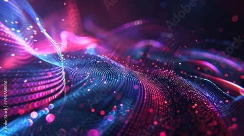 Futuristic HUD displaying a 3D object with a high-tech holographic interface of glowing fractal particles, representing nanotechnology radar software