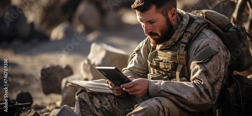 a military man is using a tablet in hot desert