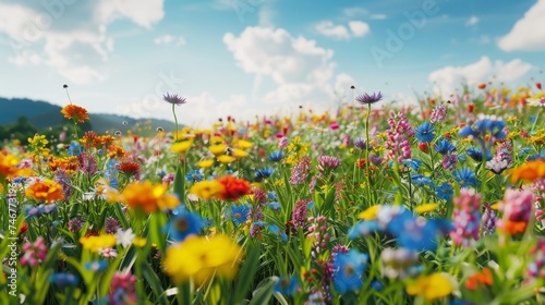 Spring flower meadow under blue sky with defocused background, perfect for text placement.