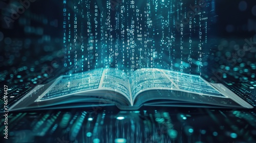 Open book education with abstract binary software programming code background