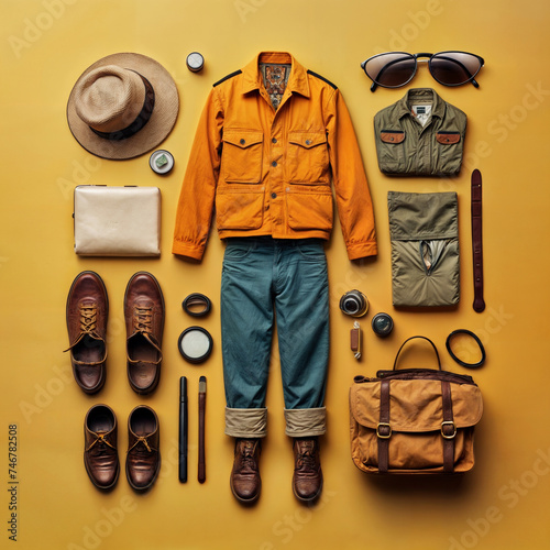 A stylish collection of men’s casual outdoor clothing and accessories neatly arranged on a vibrant yellow background. 