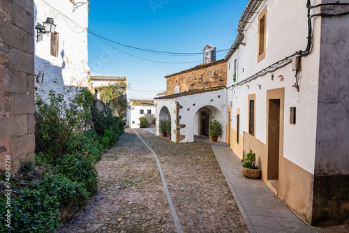 Picturesque streets with whitewashed houses in the Jewish quarter of Caceres, Extremadura