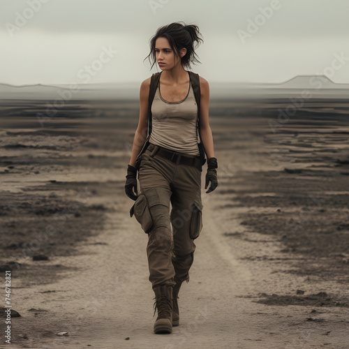 A woman in survival gear walks determinedly on a desolate path amidst a barren, apocalyptic landscape