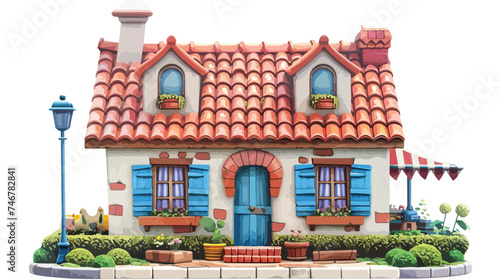 3d render of cute cartoon european house in a waterc