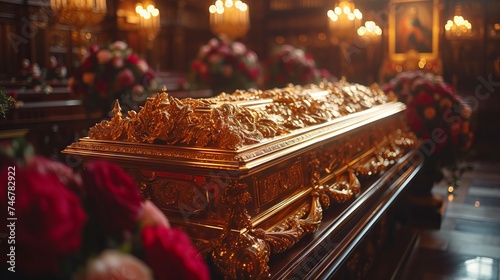 The image shows a luxurious coffin, decorated with gold designs and surrounded by many bright flowers. The coffin is located in a room with architecture, Concept: funeral, funeral of a king monarch, f