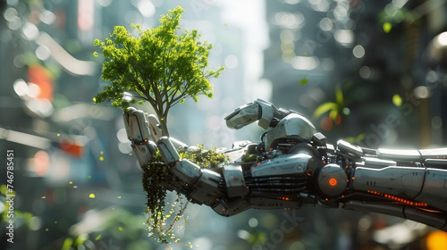 Cyberpunk A robotic hand planting a tree in a futuristic city, where rock meets tech in harmony