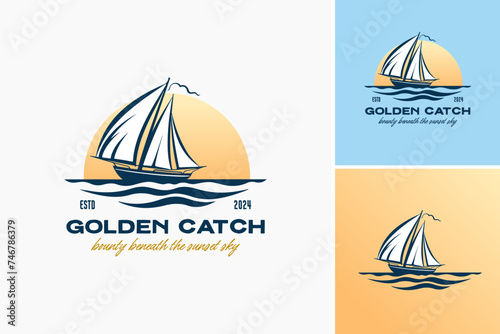 Golden catch logo with a sailboat in the ocean. Perfect for seafood restaurants, fishing charters, maritime businesses, and yacht clubs.