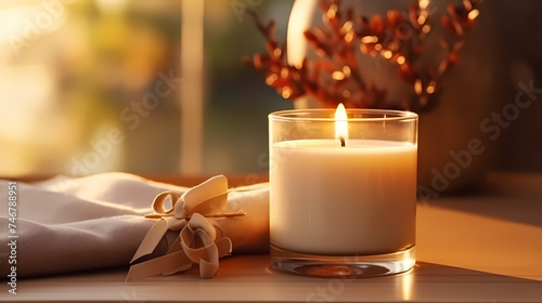 Scented candles on wooden table
