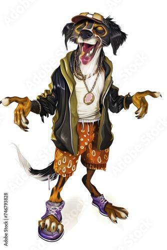 A cartoon dog dressed in a costume and sneakers