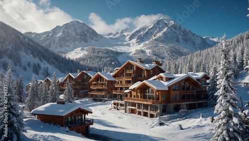 ski resort in the mountains, winter forest with a snow covered mountain in background