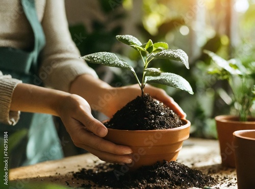 Gardening, spring hobby, girl hand transplanting in ceramic pot, houseplant.