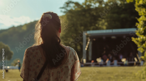Vista traseira de uma jovem sentada na grama e ouvindo música no show