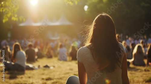 Jovem sentada na grama e assistindo a um concerto no parque