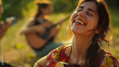 Linda garota hippie com guitarra no parque em um dia ensolarado