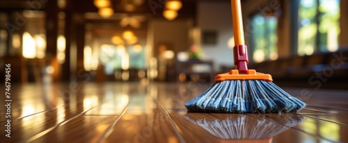 a broom and mop are on a hardwood floor in a living room