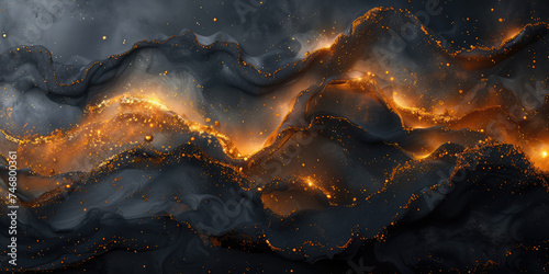 A dynamic abstract of undulating black and gold textures, reminiscent of molten lava flowing through dark terrain.