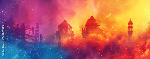 India background of colorful Indian travel landscape. Hindu festival of colours. Colorful Gulal for indian festival. Happy Holi. Design for card, poster, banner with copy space