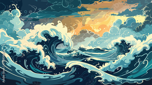 Ocean Sea storm surface. Vector illustration, cartoon seascape or waterscape