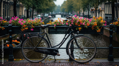 a bicycle is parked next to a railing with flowers on it and a canal in the background in a city.