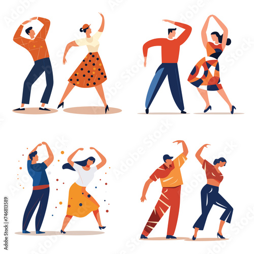 Men women dancing various poses. Retro style dancers, 50s swing dance, joyful dance moves. Entertainment dance lessons vector illustration