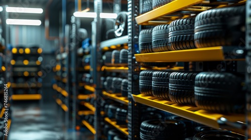 The indoor warehouse shelf is fully stocked with neatly organized tires, ready for inventory