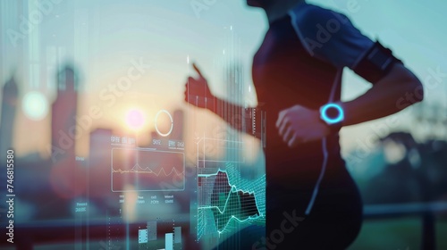 Blurry background featuring a silhouette of a running man alongside wearable technology including a fitness tracker, smartphone, heart rate monitor, and smartwatch