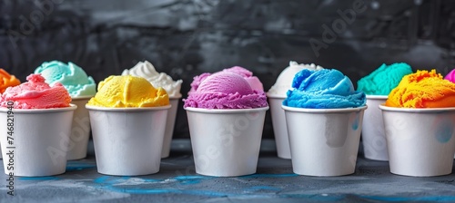 Italian sorbet ice cream in paper cups with space for text, a delightful frozen treat.