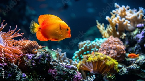 Flame angelfish swimming among colorful corals in a saltwater aquarium environment