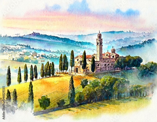 Landscape of Tuscany region, Italy, watercolor illustration