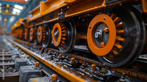 Closeup of train wheels inside a rail yard, where it's getting worked on.
