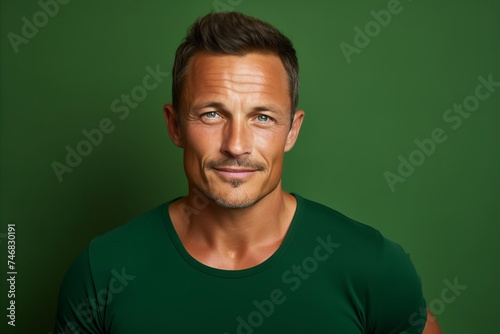 Portrait of handsome man in green t-shirt on green background