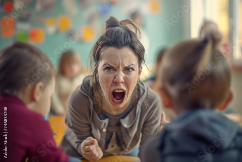 An angry, dissatisfied teacher yells at children in a kindergarten or school. Naughty children