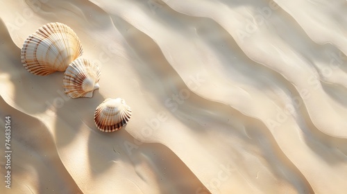 View of the tropical sandy beach. Shells in the sand. wide panoramic banner. travel and vacation concept 