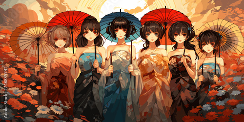 Group of anime manga girls in traditional Japanese kimono costume holding paper umbrella. vector