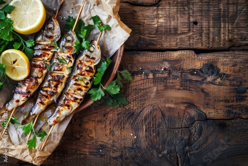 Close up view of grilled fish on skewers served on a rustic wooden table with empty area seen from above
