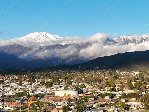 Yucaipa, california, with a Drone View UAV of the San Bernardino, San Gorgonio Mountains after a snow storm on a clear day