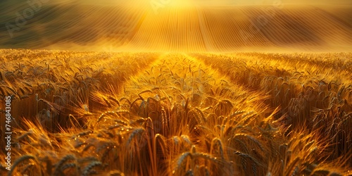 Morning light bathes golden wheat fields with a festive solstice glow. Concept Nature, Agriculture, Light, Festive, Solstice