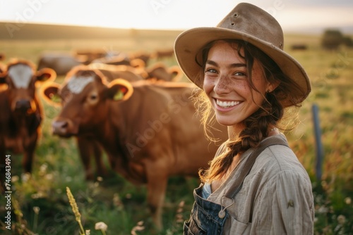 Farmer woman with cattle wearing a smile outside