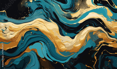 liquid paint artwork with fluid formation, paint swirls colorful gold marble teal luxurious seamless illustration