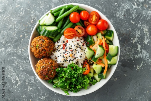 Green Buddha bowl with rice falafel veggies on gray background Vegan poke bowl with falafel and veggies Top view
