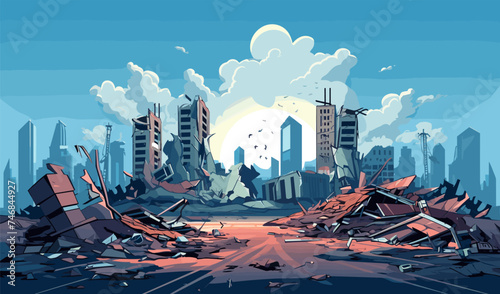 destroyed city demolished buildings vector flat isolated illustration