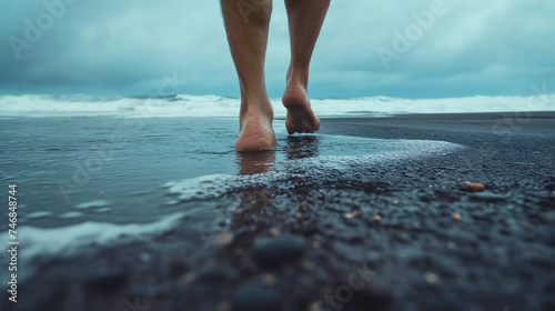 Closeup low angle shot of the adult male person or man walking barefoot on the dark gray sand beach, ocean or sea waves crushing under his feet or legs