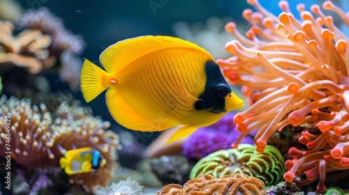 Foxface fish elegantly glides among vibrant corals in a captivating saltwater aquarium scene.