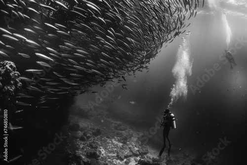 sardines and diver in large group