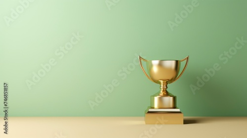 Gold trophy cup on plain background.