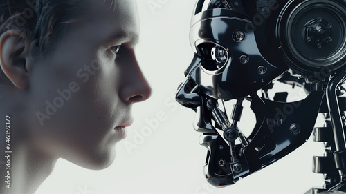 Thought-provoking juxtaposition of a human face and a highly detailed robot counterpart